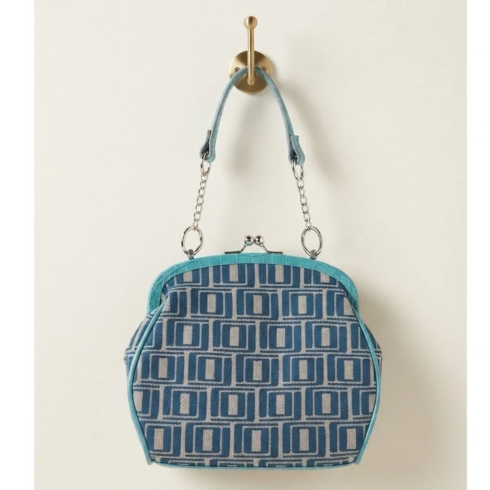 JLO Jennifer Lopez Blue Floral Embroidered Kiss Lock Frame Handbag Croc Trim